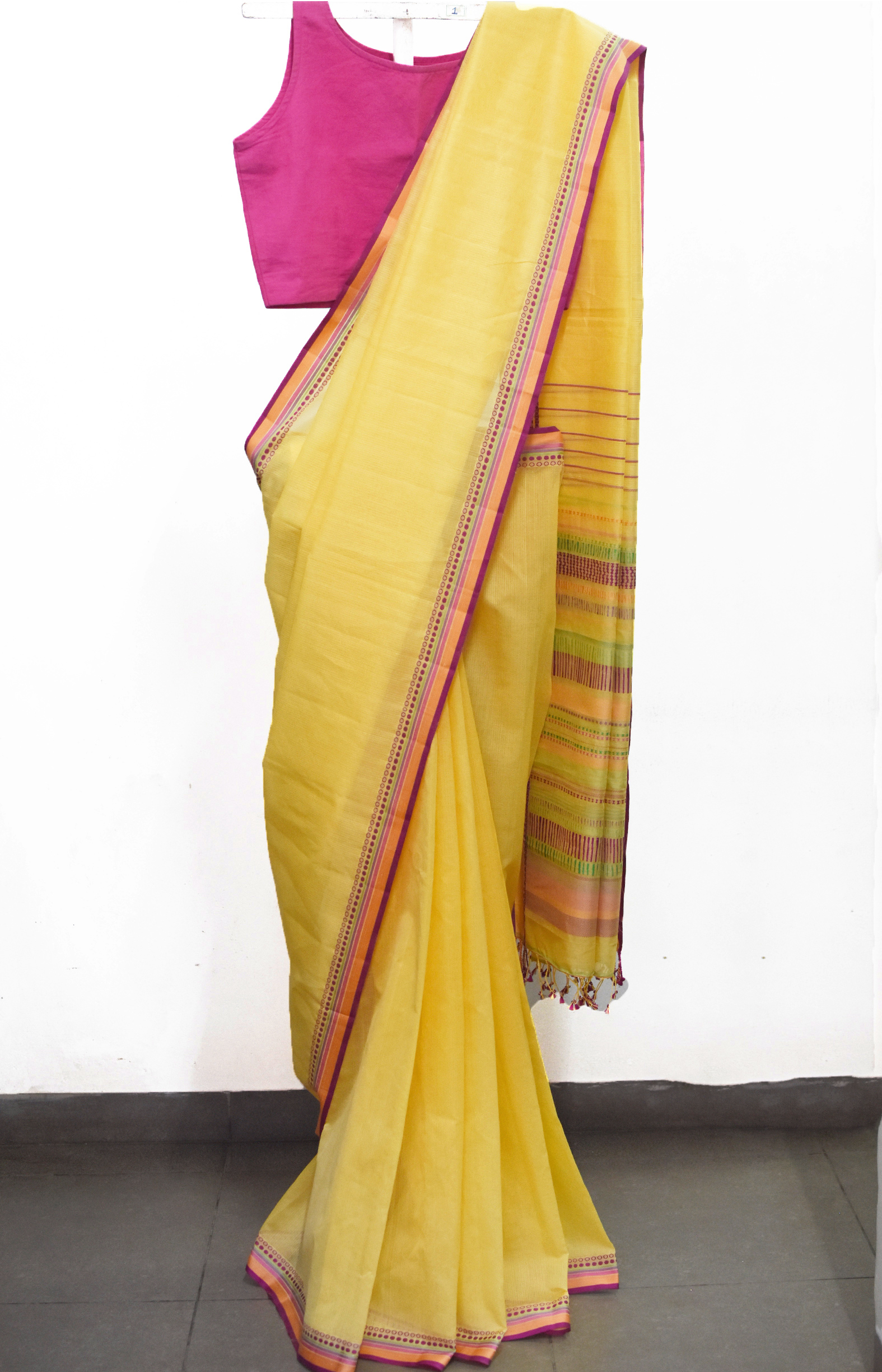 Yellow, Handwoven Organic Cotton, Textured Weave , Jacquard, Work Wear Saree 